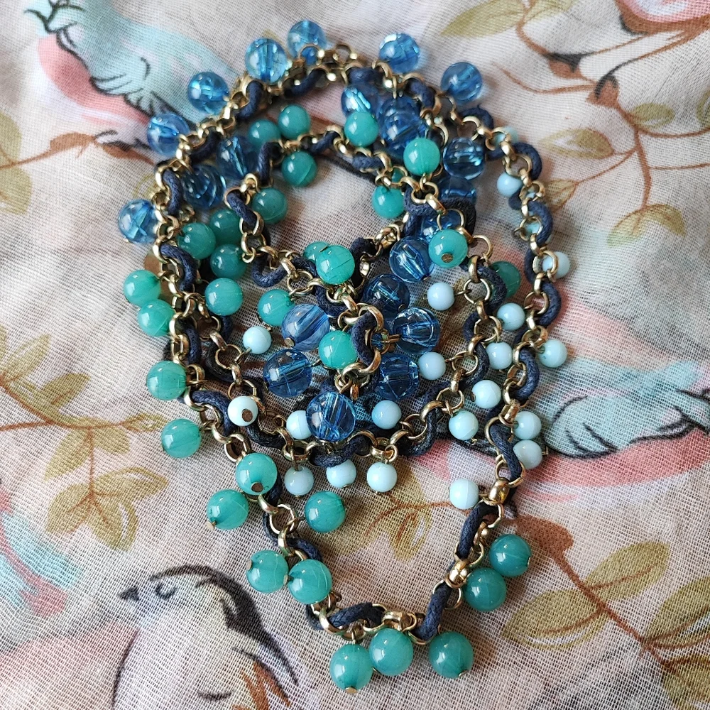Coldwater Creek Light Weight Extra Long Blue and Jade Green Necklace Gold Tone